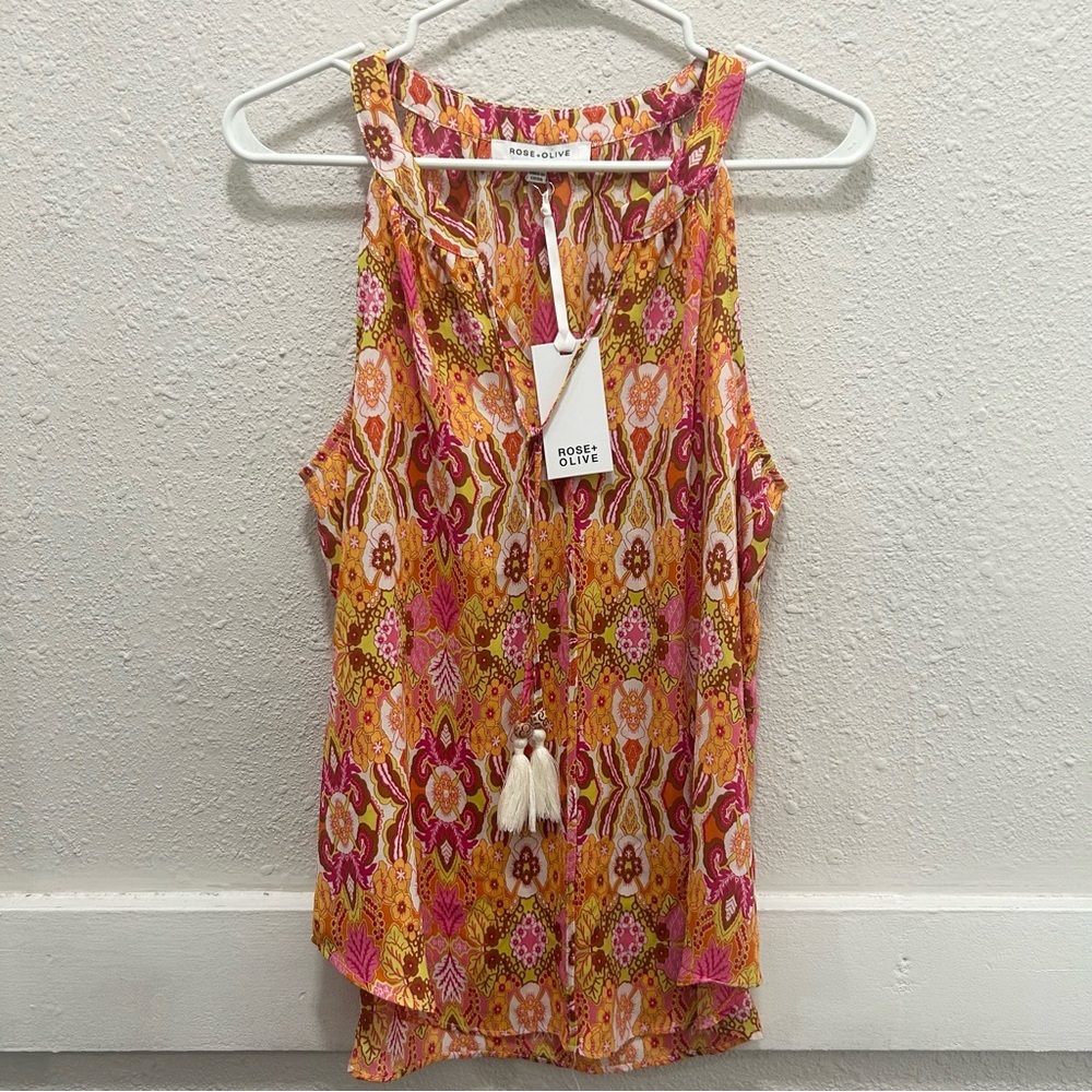 Rose & Olive Orange and Pink Pattern Tank Top with Tassels NWT Small